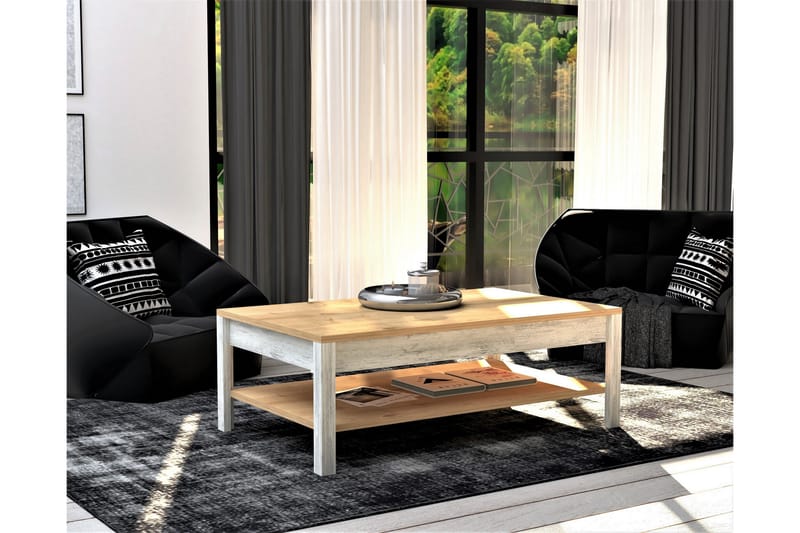 Meranges Sofabord 100 cm med Opbevaring Hylde - Natur/Blå/Hvid - Sofabord
