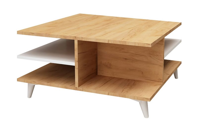 Mod Design Sofabord 80 cm med Opbevaring Hylder - Træ/Hvid - Sofabord