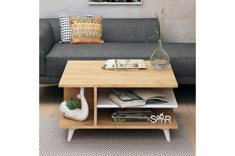 Mod Design Sofabord 80 cm med Opbevaring Hylder - Træ/Hvid - Sofabord