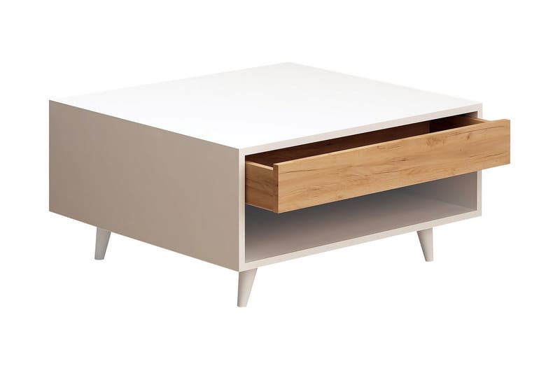 Mod Design Sofabord 80 cm med Opbevaring Skuffe + Hylde - Træ/Hvid - Sofabord