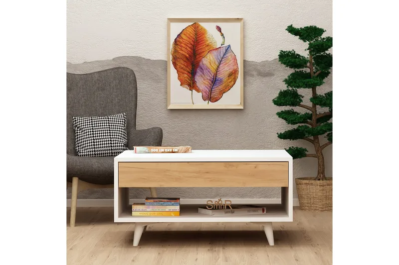 Mod Design Sofabord 80 cm med Opbevaring Skuffe + Hylde - Træ/Hvid - Møbler - Borde - Sofabord