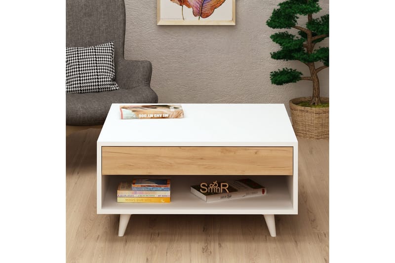 Mod Design Sofabord 80 cm med Opbevaring Skuffe + Hylde - Træ/Hvid - Møbler - Borde - Sofabord