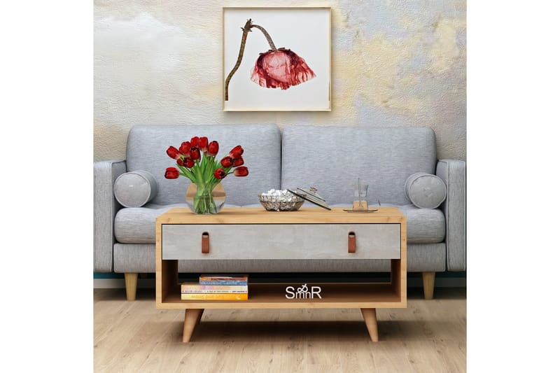 Mod Design Sofabord 80cm med Opbevaring Skuffe+Hylde Læderbe - Grå/Træ - Sofabord