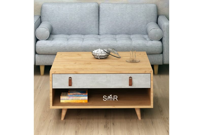 Mod Design Sofabord 80cm med Opbevaring Skuffe+Hylde Læderbe - Grå/Træ - Møbler - Borde - Sofabord