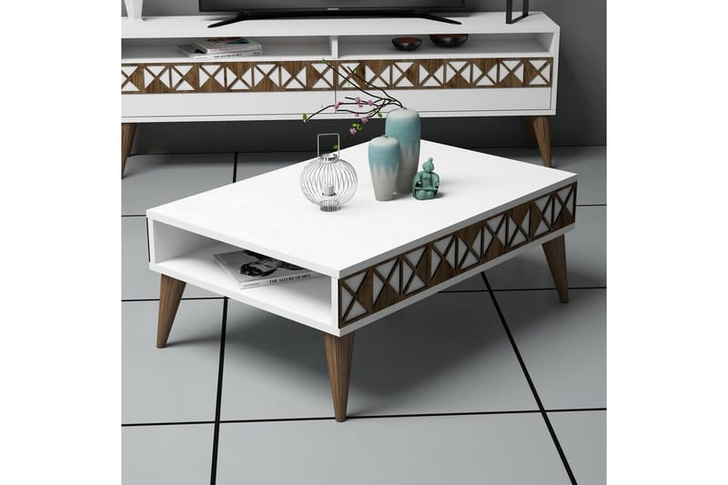 Muennink Sofabord 90 cm med Opbevaring Hylde, Hvid/Brun