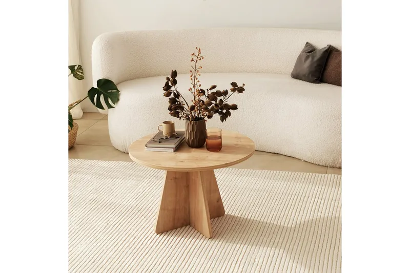 Munne Rundt Sofabord 60 cm i Træ med Krydsben, Beige