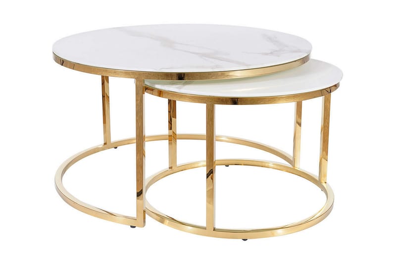 Musara Sofabord Rundt Marmorlook, Glas/Hvid Mat Lak/Guld