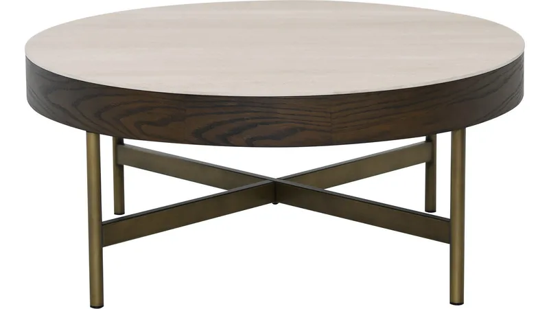 Sofabord Myrdal 90 cm, Travertinbordplade med bronzefarvede metalben