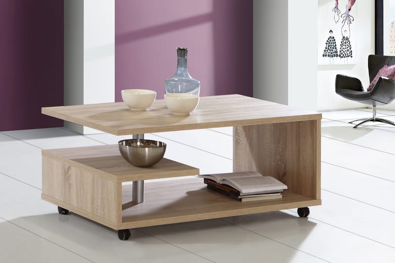 Nabinger Sofabord 105 cm med Opbevaring Hylder på Hjul - Lysebrun - Møbler - Borde - Sofabord