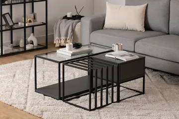 Natsumi 90 cm Rektangulært Sofabord med Skuffer i Metal med Glasplade - Sort - Møbler - Borde - Sofabord