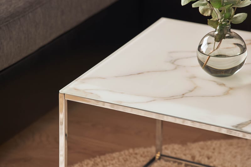 Nelly Sofabord 120 cm Marmormønster - Glas/Hvid/Krom - Møbler - Borde - Sofabord