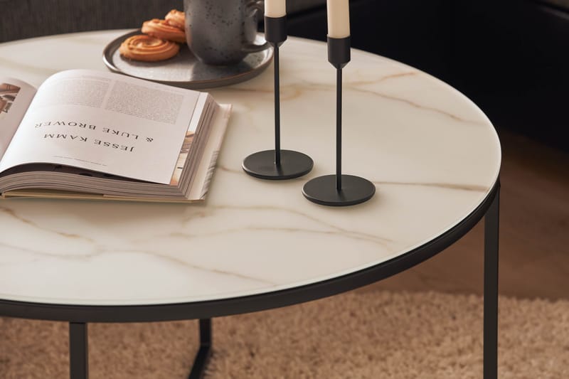 Nelly Sofabord 80 cm Rundt Marmormønster - Glas/Sort/Hvid - Møbler - Borde - Sofabord