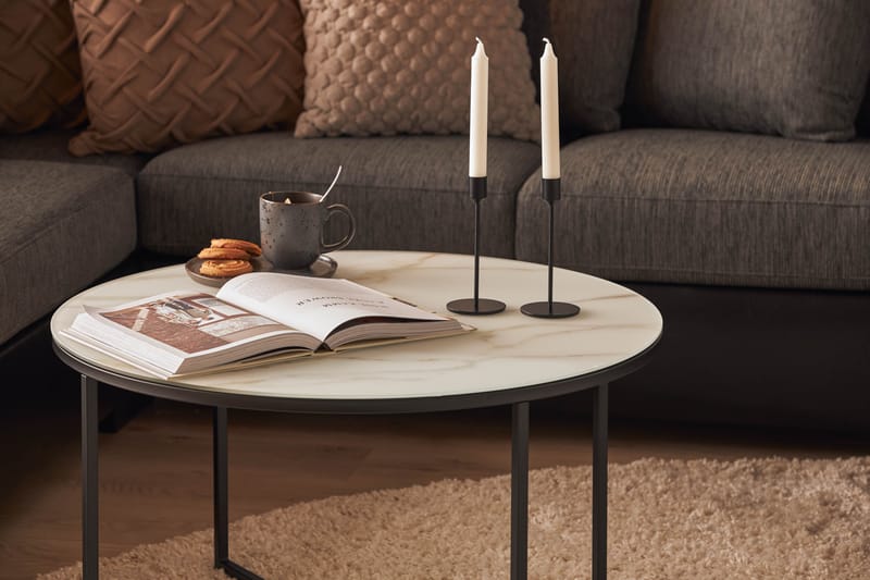 Nelly Sofabord 80 cm Rundt Marmormønster - Glas/Sort/Hvid - Møbler - Borde - Sofabord