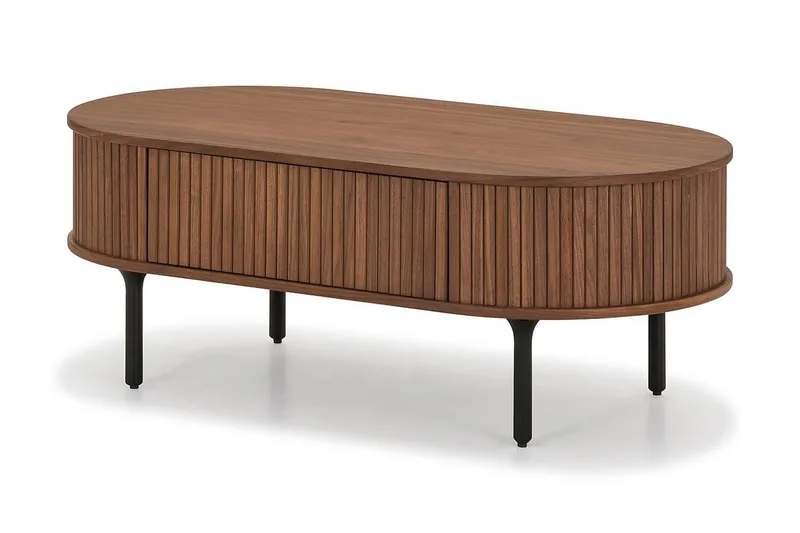 Noira ovalt sofabord 118x60 cm i træ med valnøddelook og rillede skuffer - Brun - Møbler - Borde - Sofabord