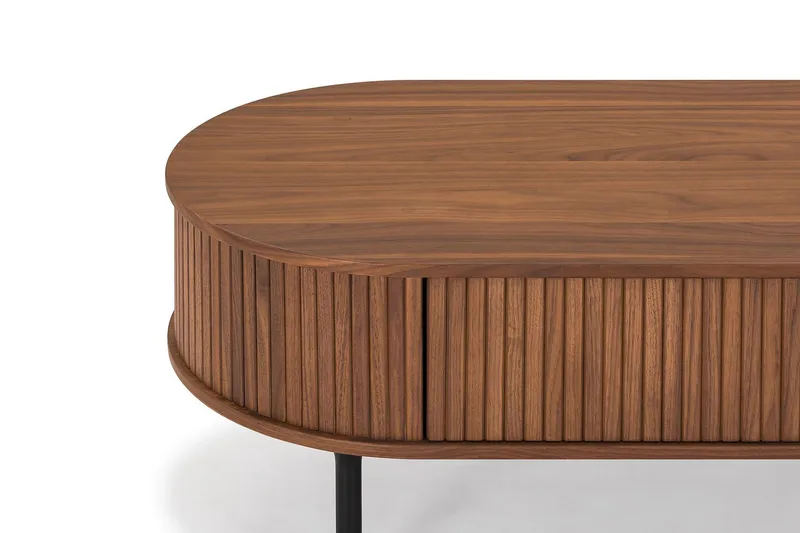 Noira ovalt sofabord 118x60 cm i træ med valnøddelook og rillede skuffer - Brun - Møbler - Borde - Sofabord