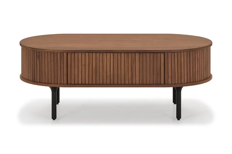 Noira ovalt sofabord 118x60 cm i træ med valnøddelook og rillede skuffer - Brun - Møbler - Borde - Sofabord