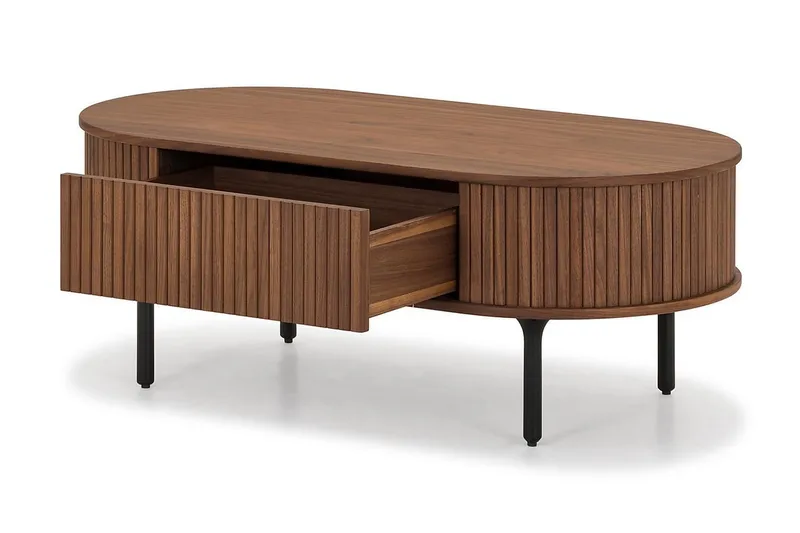 Noira ovalt sofabord i valnød 118x60 cm med opbevaringsskuffe - Brun/mørkebrunt træ/riflet - Møbler - Borde - Sofabord