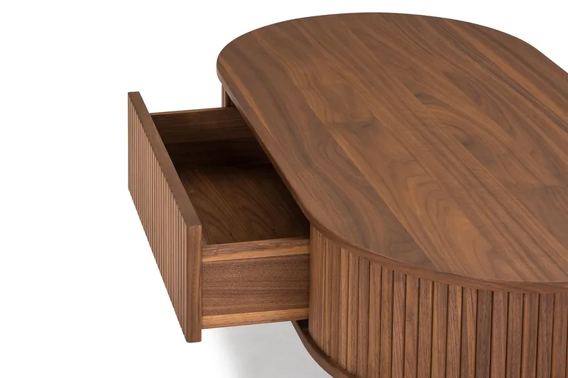 Noira Ovalt Sofabord Valnød 118x60 cm med opbevaringsskuffe - Valnød/Sort - Møbler - Borde - Sofabord