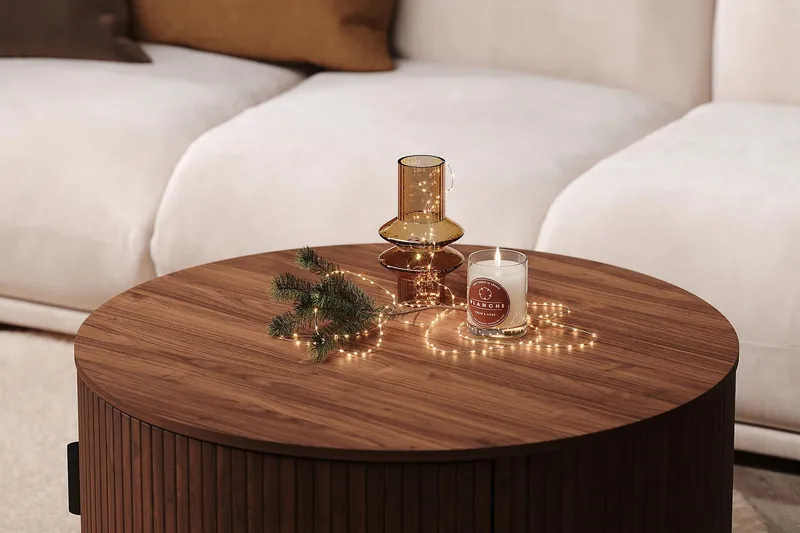 Noira Rundt Sofabord 80 cm med Opbevaring Skuffe - Valnød - Møbler - Borde - Sofabord