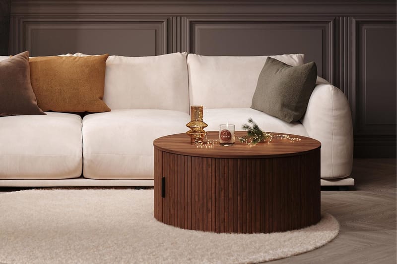 Noira Rundt Sofabord 80 cm med Opbevaring Skuffe - Valnød - Møbler - Borde - Sofabord