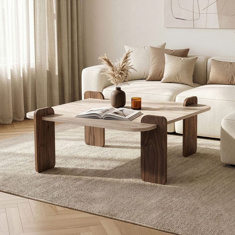 Sofabord Nordure Marais (90 x 35 x 90 cm) Travertin valnød - Møbler - Borde - Sofabord