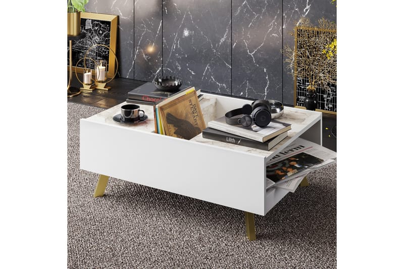 Ocotla Sofabord 90 cm med Opbevaring Marmormønster - Hvid/Mørkebrun - Sofabord