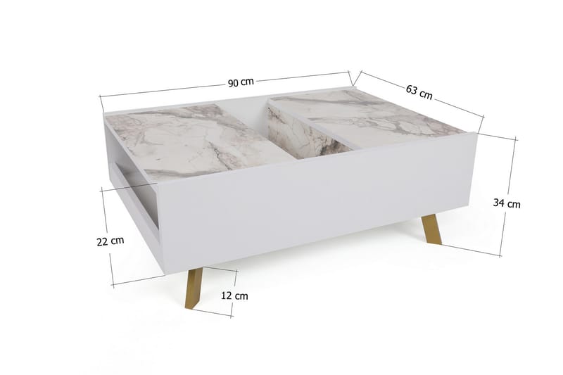 Ocotla Sofabord 90 cm med Opbevaring Marmormønster - Hvid/Mørkebrun - Sofabord