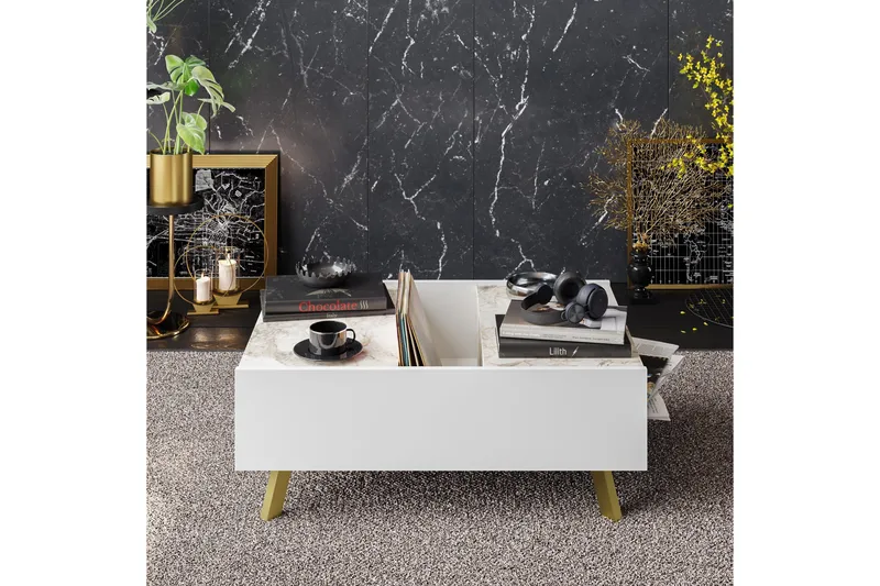 Ocotla Sofabord 90 cm med Opbevaring Marmormønster - Hvid/Mørkebrun - Møbler - Borde - Sofabord