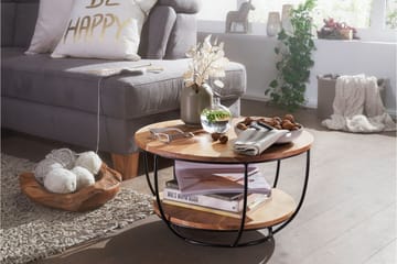 Oshry 60 cm Rundt Sofabord med Hylder i Massivt Træ - Brun - Møbler - Borde - Sofabord