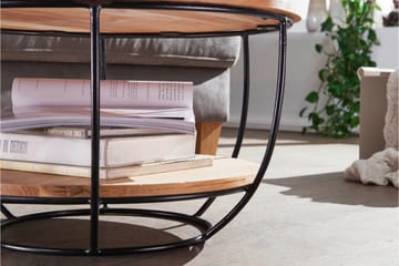 Oshry 60 cm Rundt Sofabord med Hylder i Massivt Træ - Brun - Møbler - Borde - Sofabord