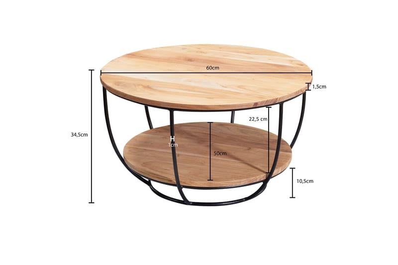 Oshry 60 cm Rundt Sofabord med Hylder i Massivt Træ - Brun - Møbler - Borde - Sofabord