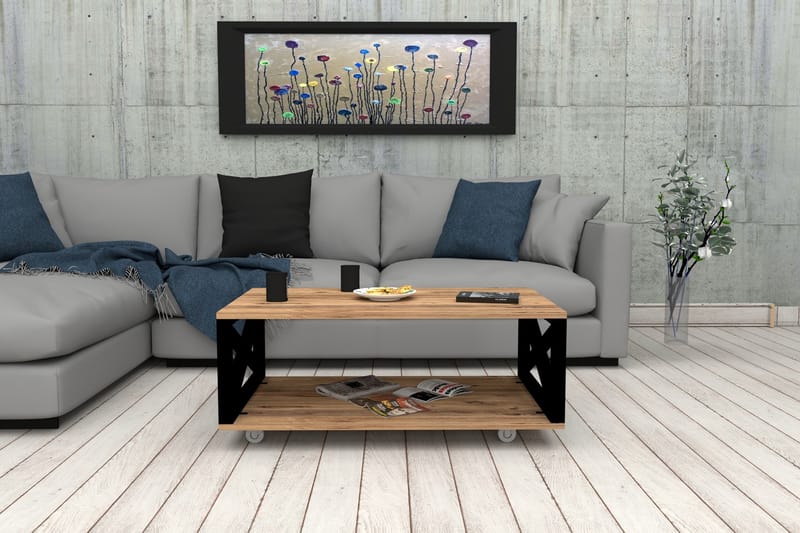 Ouartas Sofabord 98 cm med Opbevaringshylde på Hjul - Natur/Sort - Sofabord