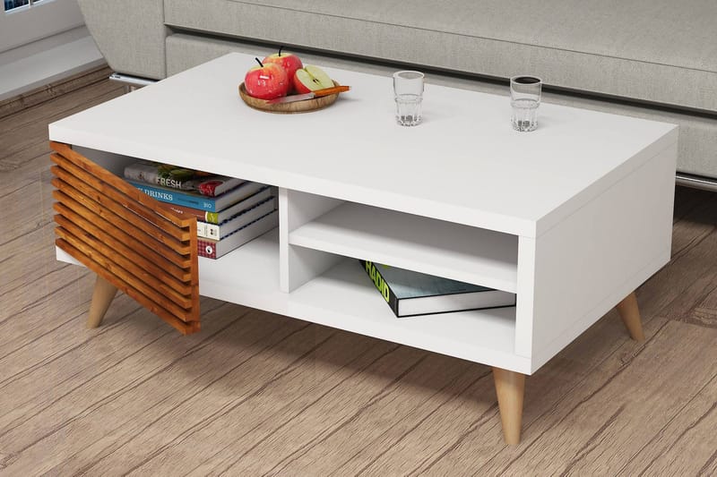 Puqa Design Sofabord 100 cm med Opbevaring Hylde + Skab - Valnøddebrun/Hvid - Møbler - Borde - Sofabord