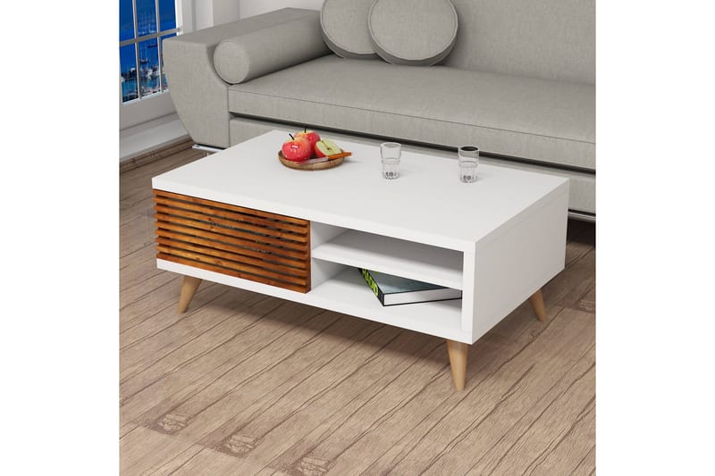 Puqa Design Sofabord 100 cm med Opbevaring Hylde + Skab - Valnøddebrun/Hvid - Møbler - Borde - Sofabord
