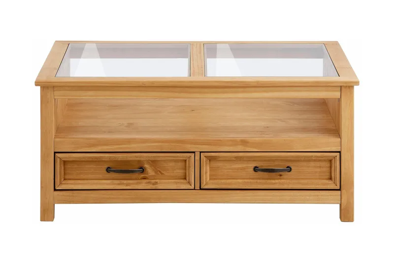 Purnima Sofabord 100 cm med Opbevaring 2 Skuffer + Hylde, Glas/Brun