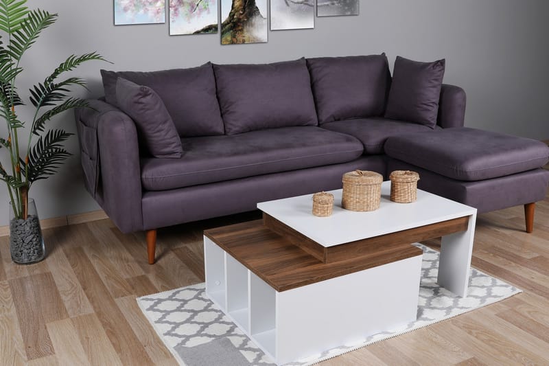 Qalora Sofabord 90 cm med Opbevaring Hylder - Hvid/Træ - Møbler - Borde - Sofabord