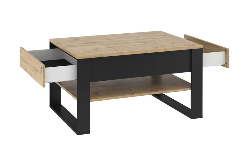 Quant Sofabord 100 cm med Opbevaring 2 Skuffer + Hylde - Egefarvet/Sort - Møbler - Borde - Sofabord
