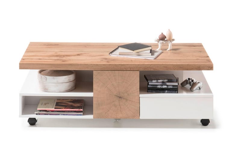Rennese Sofabord 120 cm med Opbevaring Hylder på Hjul - Hvid/Natur - Møbler - Borde - Sofabord