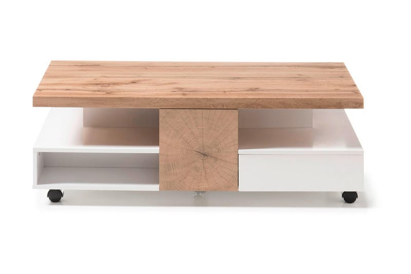 Rennese Sofabord 120 cm med Opbevaring Hylder på Hjul - Hvid/Natur - Møbler - Borde - Sofabord