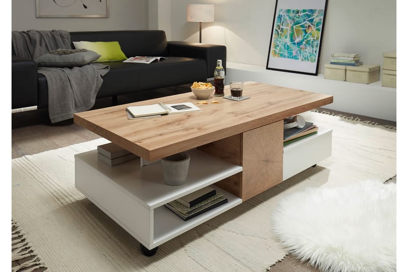 Rennese Sofabord 120 cm med Opbevaring Hylder på Hjul - Hvid/Natur - Møbler - Borde - Sofabord