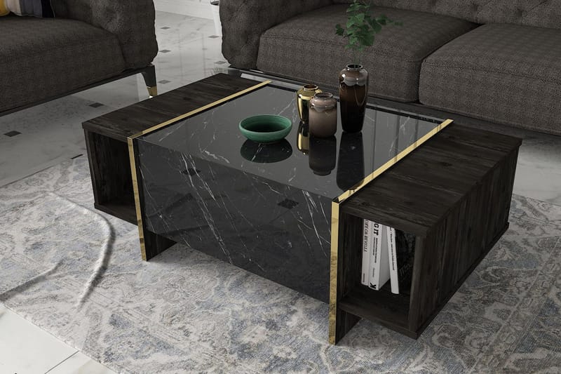 Riello Sofabord 104 cm med Opbevaring Hylder + Låge - Sort/Guld - Møbler - Borde - Sofabord