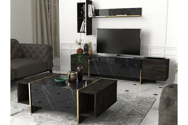 Riello Sofabord 104 cm med Opbevaring Hylder + Låge - Sort/Guld - Møbler - Borde - Sofabord