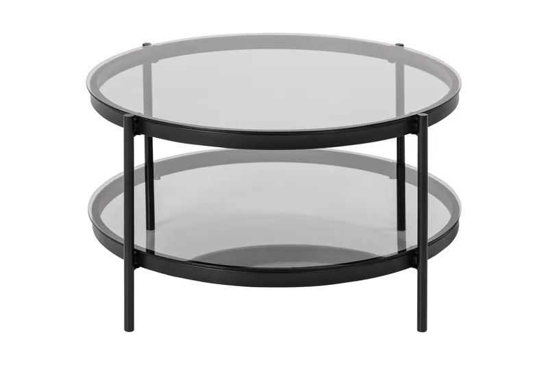 Rutkin Sofabord 79 cm Rundt med Opbevaring Hylde, Glas/Grå/Mat Sort