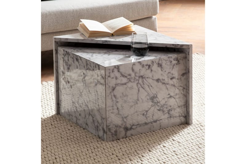 Sætbord Wohnling Sæt af 2 MONOBLOC højglans trekantet, moderne stil Marmor, Hvid - Marmor, Hvid - Møbler - Borde - Sofabord - Kistebord