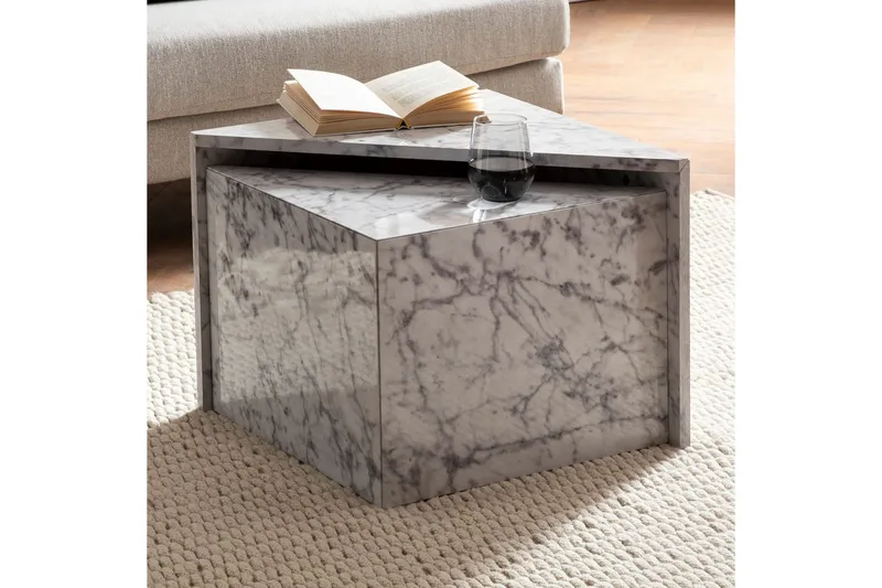 Sætbord Wohnling Sæt af 2 MONOBLOC højglans trekantet, moderne stil Marmor, Hvid - Marmor, Hvid - Møbler - Borde - Sofabord