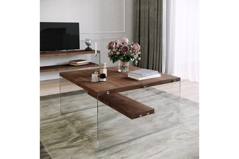Sabani Sofabord 75 cm med Opbevaring Hylde - Glas/Brun - Sofabord