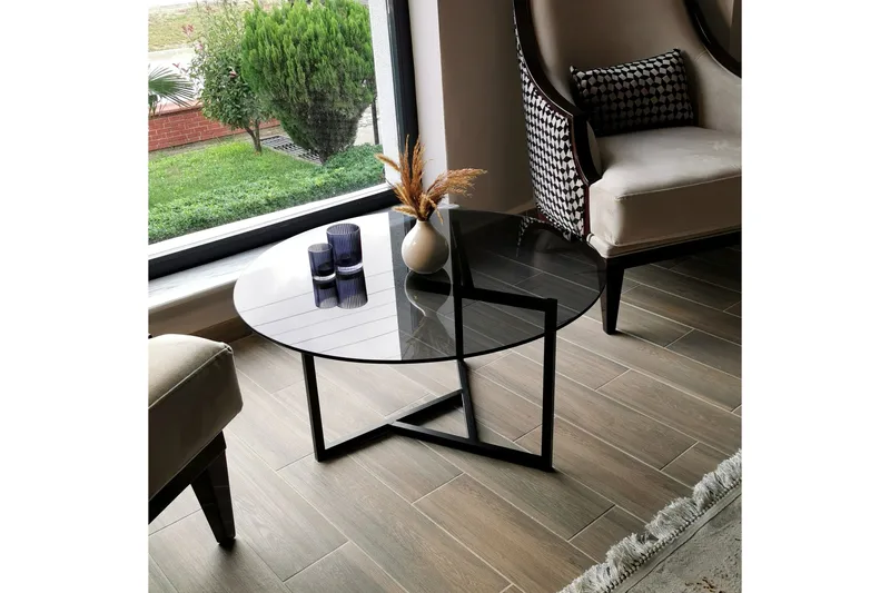 Sabani Sofabord 75 cm Rundt X-formede Ben - Glas/Grå/Sort - Møbler - Borde - Sofabord