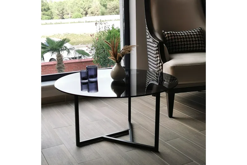 Sabani Sofabord 75 cm Rundt X-formede Ben - Glas/Grå/Sort - Møbler - Borde - Sofabord