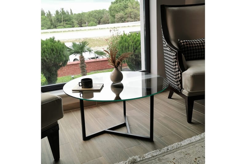 Sabani Sofabord 75 cm Rundt X-formede Ben - Glas/Røgfarvet/Sort - Møbler - Borde - Sofabord