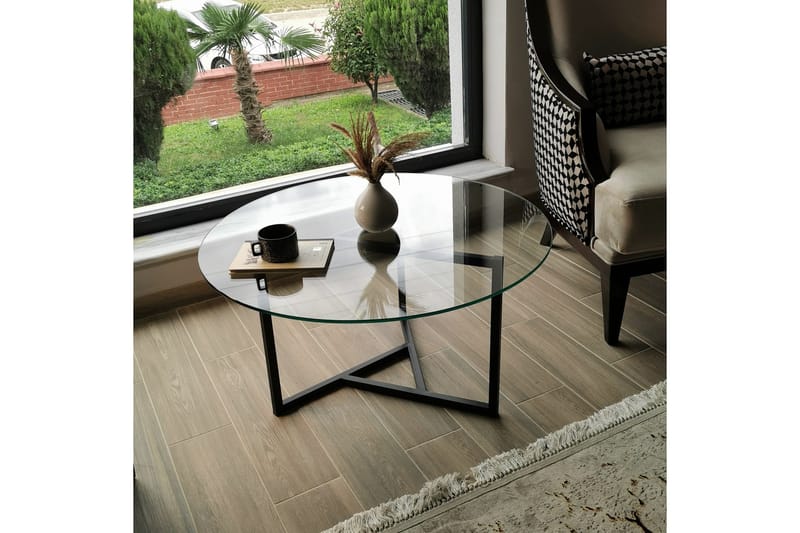 Sabani Sofabord 75 cm Rundt X-formede Ben - Glas/Røgfarvet/Sort - Møbler - Borde - Sofabord